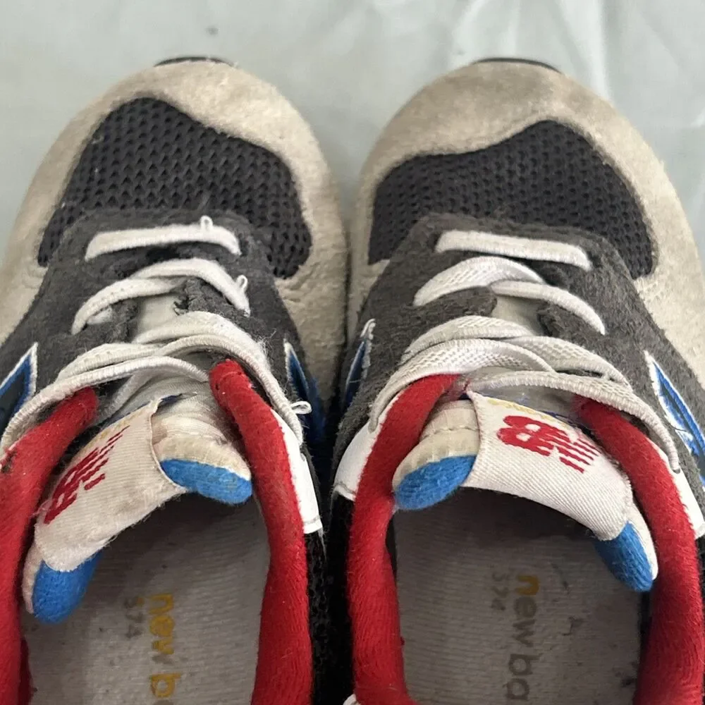 New Balance 574 Bungee Lace Sneakers Grey Blue Red Accent Shoes Sz 8